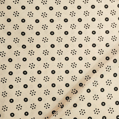 Pure Cotton Ajrak Cream With Black Dot Flowers Hand Block Print Fabric