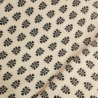 Pure Cotton Ajrak Cream With Black Motifs Hand Block Print Fabric