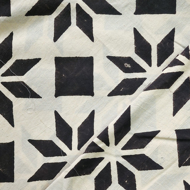 Pure Cotton Ajrak Cream With Black Stars Hand Block Print Fabric