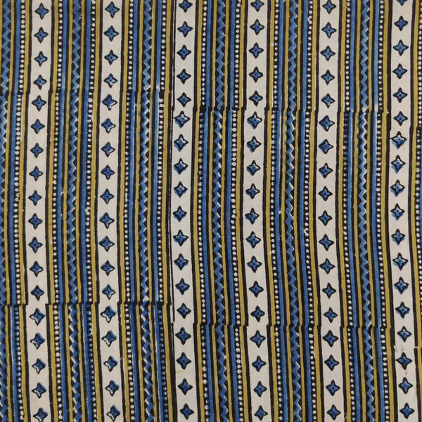 Pure Cotton Ajrak Cream With Blue And Mustard Two Different Border Hand Block Print Fabric