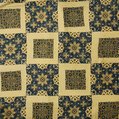 Pure Cotton Ajrak Cream With Blue Intricate Design Block Hand Block Print Fabric