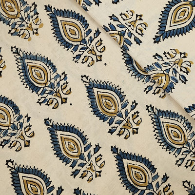 Pure Cotton Ajrak Cream With Blue Leaves Motif Hand Block Print Fabric