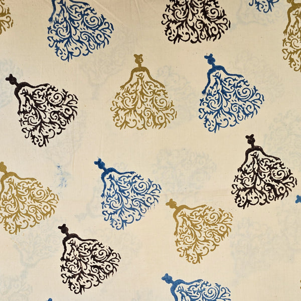 Pure Cotton Ajrak Cream With Blue With Black And Mustard Doll Design Hand Block Print Fabric