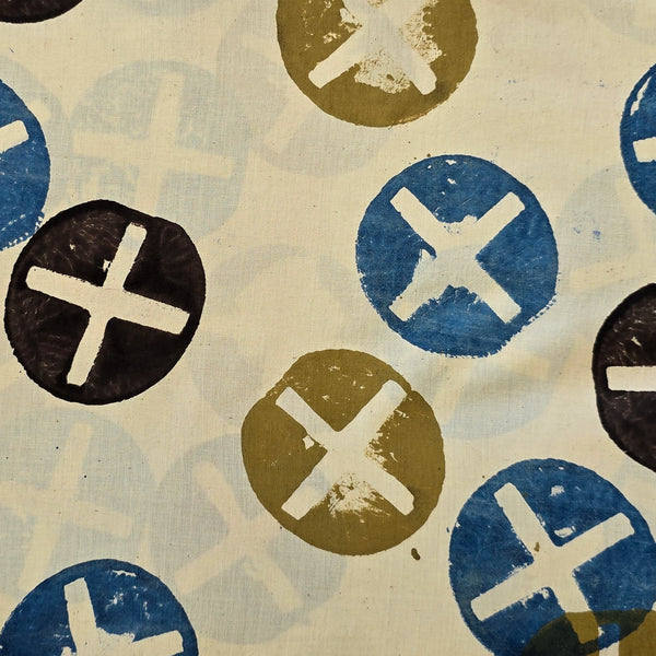 Pure Cotton Ajrak Cream With Blue With Black And Mustard Plus  Design Hand Block Print Fabric