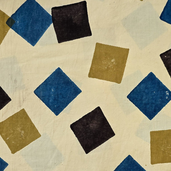 Pure Cotton Ajrak Cream With Blue With Black And Mustard Square  Design Hand Block Print Fabric