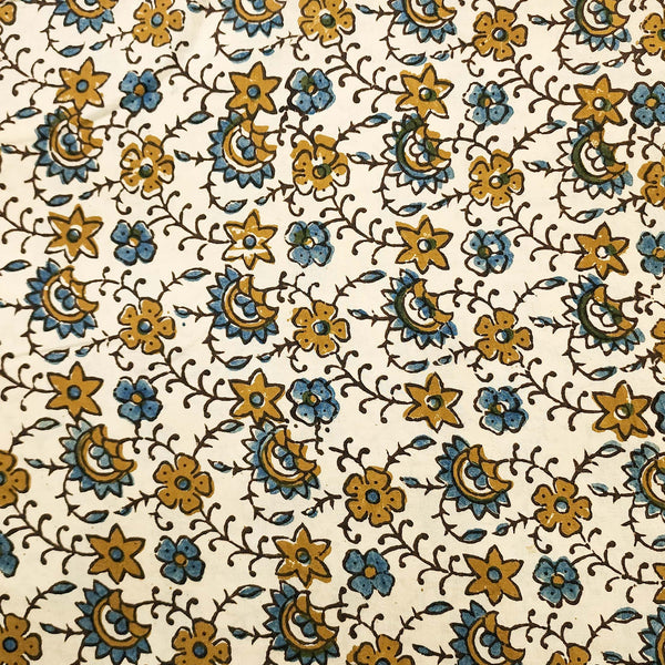 Pure Cotton Ajrak Cream With Mustard And Blue Flower Jaal Hand Block Print Fabric