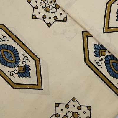 Pure Cotton Ajrak Cream With Mustard And Blue Intricate Design Hand Block Print Fabric