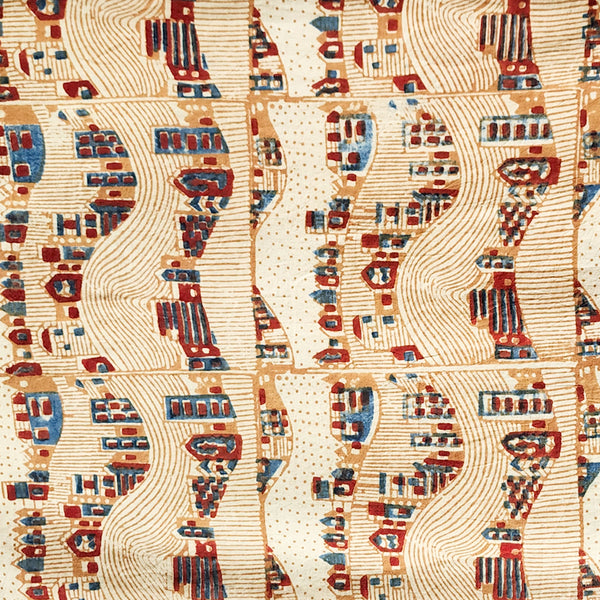 Pure Cotton Ajrak Cream With Mustard  Waves And Buildings Hand Block Print Fabric