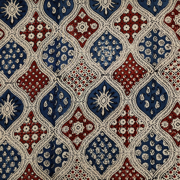 Pure Cotton Ajrak Cream With Rust And Blue Intricate Design Hand Block Print Fabric
