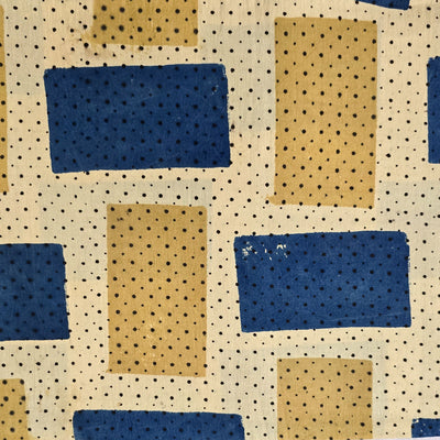 Pure Cotton Ajrak Cream With Rust Blue And Mustard Bricks Hand Block Print Fabric