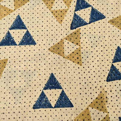 Pure Cotton Ajrak Cream With Rust Blue And Mustard  Triangle Hand Block Print Fabric