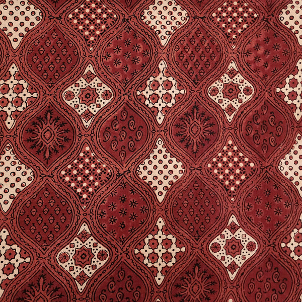Pure Cotton Ajrak Cream With Rust  Intricate Design Hand Block Print Fabric