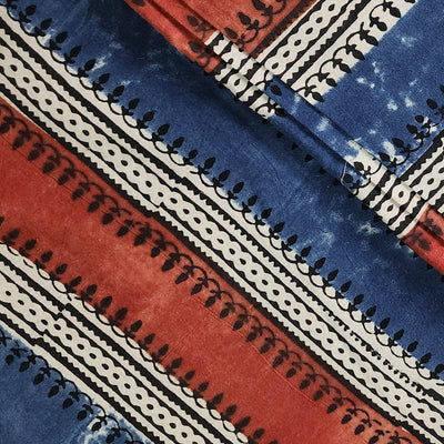 Pure Cotton Ajrak Cream With Rust Red And Blue Border Hand Block Print Fabric