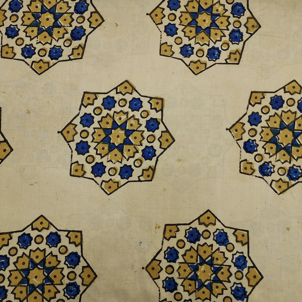 Pure Cotton Ajrak Cream With Yellow And Blue Big Flower Intricate Design Hand Block Print Fabric