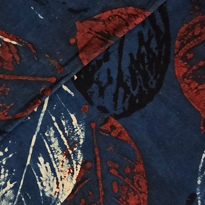 Pure Cotton Ajrak Dark Blue Big Colourfull Leaves Motif Hand Block Print Fabric