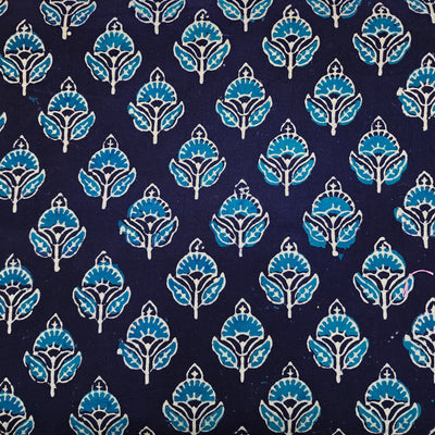 ( Pre-Cut 1.30 Meter ) Pure Cotton Ajrak Dark Blue With Light Blue Motifs Hand Block Print Fabric