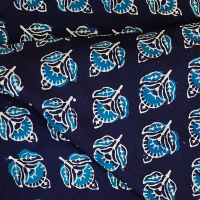 ( Pre-Cut 1.30 Meter ) Pure Cotton Ajrak Dark Blue With Light Blue Motifs Hand Block Print Fabric