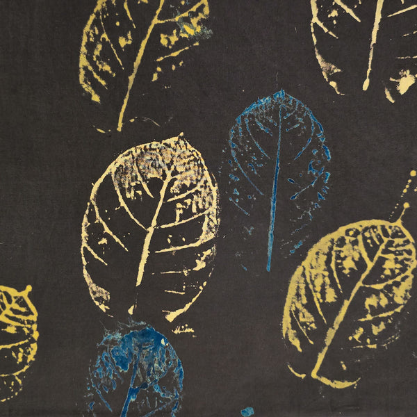 Pure Cotton Ajrak Dark Brown Big Colourfull Leaves Motif Hand Block Print Fabric