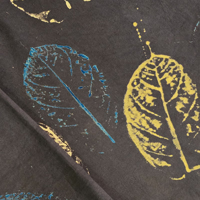 Pure Cotton Ajrak Dark Brown Big Colourfull Leaves Motif Hand Block Print Fabric
