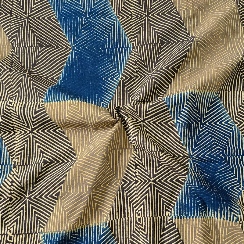Pure Cotton Ajrak Dark Brown With Blue And Sandy Brown Big Arrow  Hand Block Print Fabric