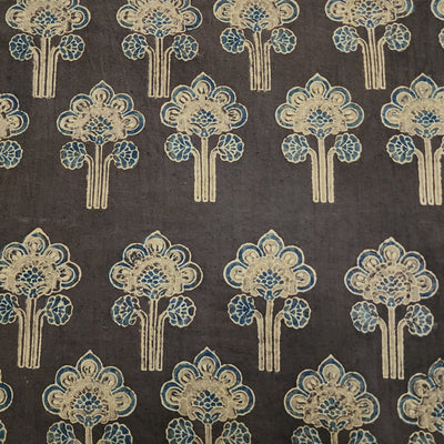 Pure Cotton Ajrak Dark Brown With Flower Motif Hand Block Print Fabric
