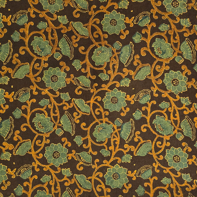 Pure Cotton Ajrak Dark Brown With Green And Yellow Flower Jaal Hand Block Print Fabric