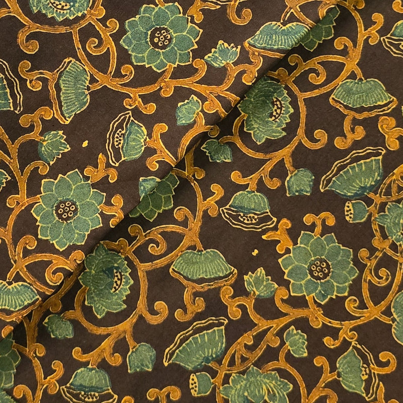 Pure Cotton Ajrak Dark Brown With Green And Yellow Flower Jaal Hand Block Print Fabric