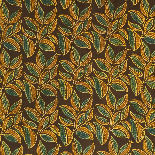 Pure Cotton Ajrak Dark Brown With Green And Yellow Leaves Jaal Hand Block Print Fabric