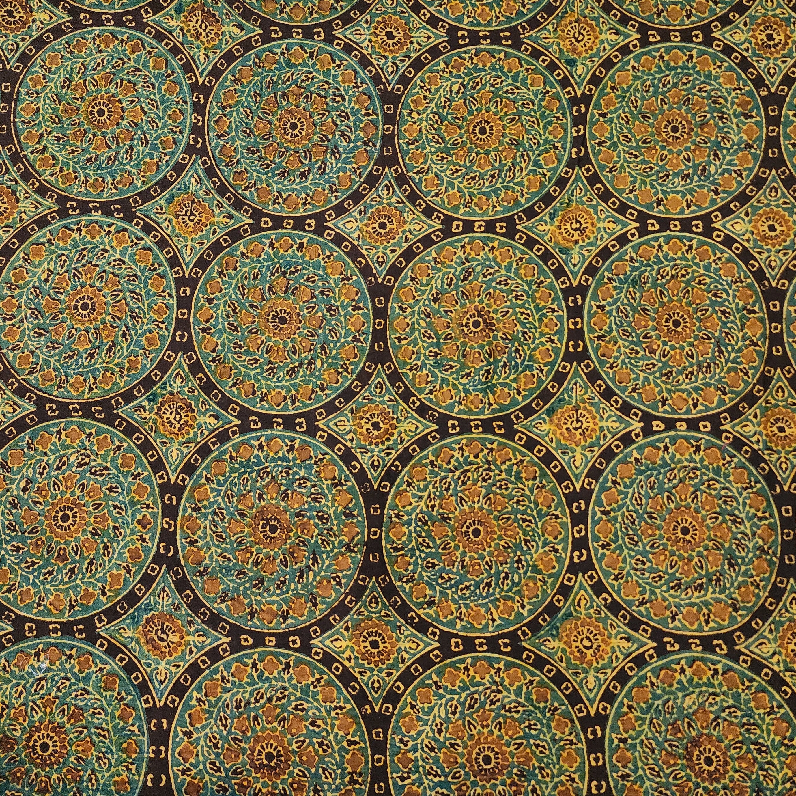 Pure Cotton Ajrak Dark Brown With Green Intricate Chakkar Design Hand ...