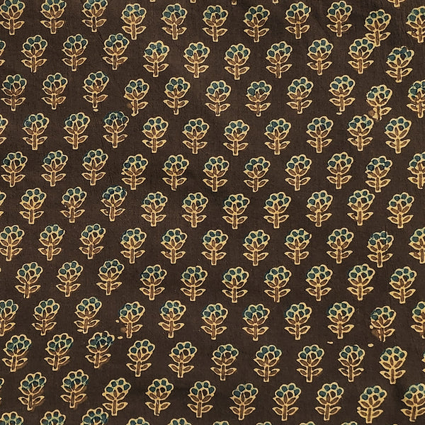 (PRE-CUT 1.5 METER) Pure Cotton Double Ajrak Dark Brown With Rust Green Flower Motif Hand Block Print Fabric