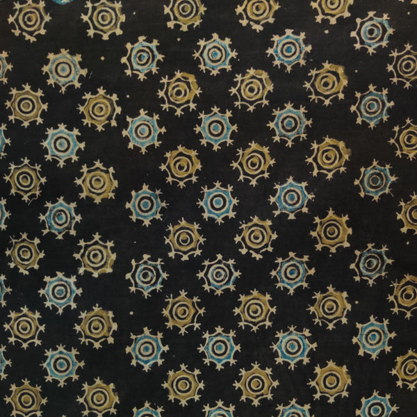 ( Pre-Cut 1.95 Meter )Pure Cotton Ajrak Dark Brown With Tribal Chakra Hand Block Print Fabric