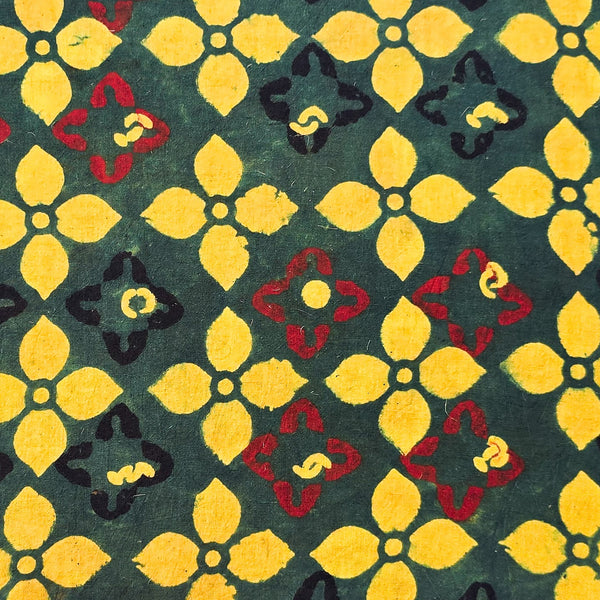 Pure Cotton Ajrak Geometrical Design Flower Green Hand Block Print Fabric