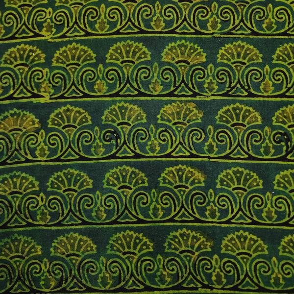 ( Pre-Cut 1 Meter ) Pure Cotton Ajrak Green With Green Bush Border Horizontal Hand Block Print Fabric