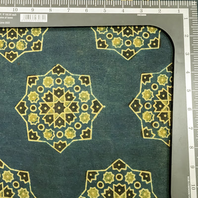 Pure Cotton Ajrak Green With Light Green With Black Big Flower Intricate Design Hand Block Print Fabric