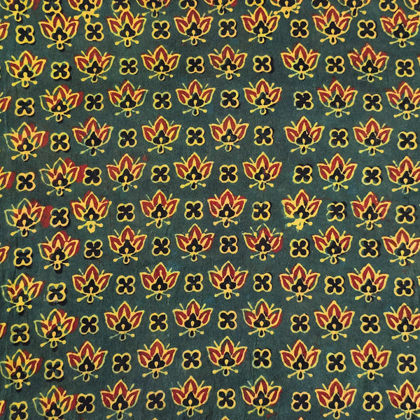 ( Pre-Cut 1.85 Meter ) Pure Cotton Ajrak Green With Light Orange Lotus Motif Hand Block Print Fabric