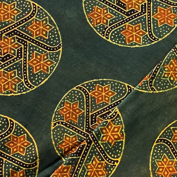 Pure Cotton Ajrak Green With Big Chakra Hand Block Print Fabric