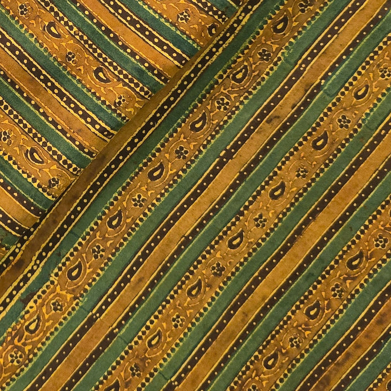 Pure Cotton Ajrak Green With Yellow Border Hand Block Print Fabric