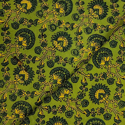 Pure Cotton Ajrak Green With Yellow Flower Buds Jaal Hand Block Print Fabric