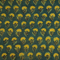 Pure Cotton Ajrak Green With Yellow Flower Motif Hand Block Print Fabric