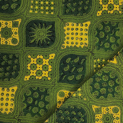 Pure Cotton Ajrak Green With Yellow Intricate Design Hand Block Print Fabric