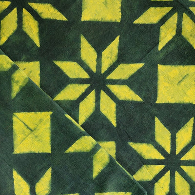 Pure Cotton Ajrak Green With Yellow Stars Hand Block Print Fabric
