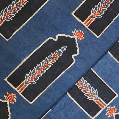 Pure Cotton Ajrak Ink Blue Small Window Black With Blue And Red Leave Motif Hand Block Print Fabric