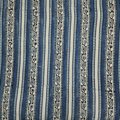 Pure Cotton Ajrak Light Blue And Cream   Stripes Border Hand Block Print Fabric