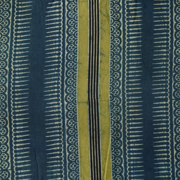 Pure Cotton Ajrak Light Yellow And Blue Big Border Hand Block Print Fabric