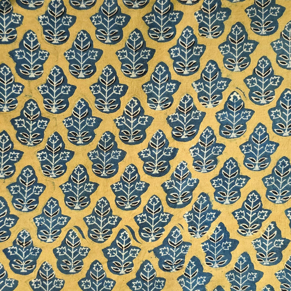 Pure Cotton Ajrak Mustard With Blue Leaves Motif Hand Block Print Fabric