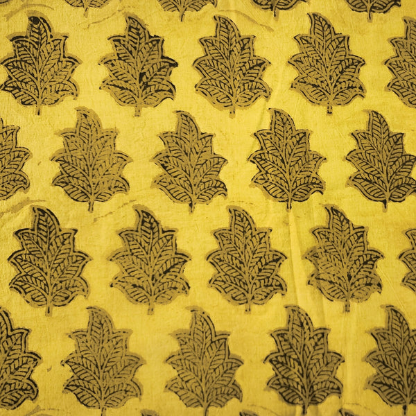 Pure Cotton Ajrak Mustard With Brown Leaves Motif Hand Block Print Fabric