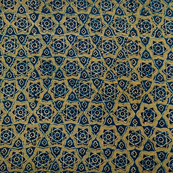 Pre-Cut 0.90 Meter Pure Cotton Ajrak Persian Blue With Green Stars Hand Block Print Fabric