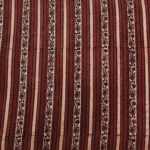 Pure Cotton Ajrak Pink Rust With Cream Stripes Border Hand Block Print Fabric