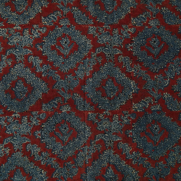 ( Pre-Cut 1.45 Meter ) Pure Cotton Ajrak Red Rust And Blue Intricate Design Jaal Hand Block Print Fabric