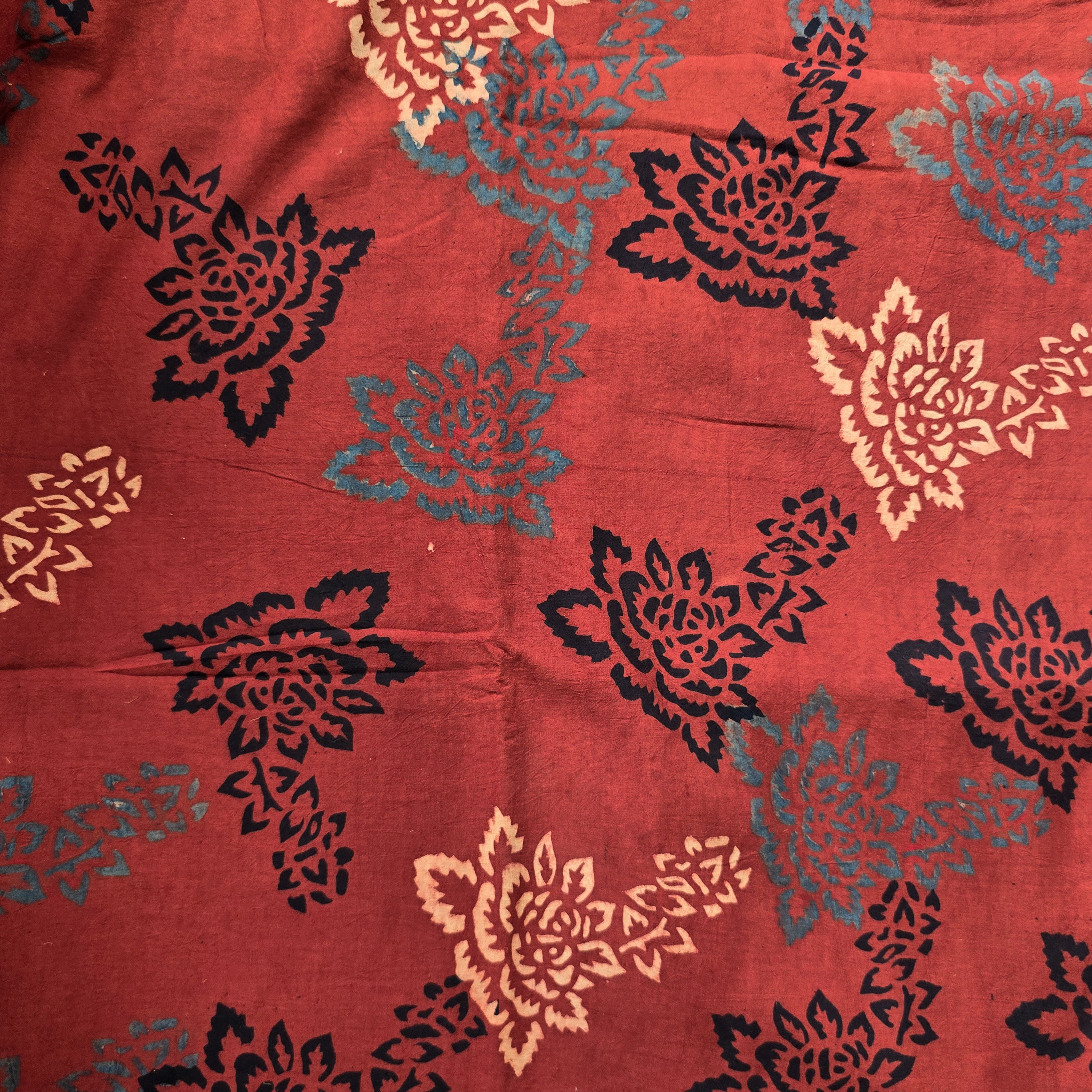 Pure Cotton Ajrak Red With Black And Blue Flower Design Hand Block Pri ...